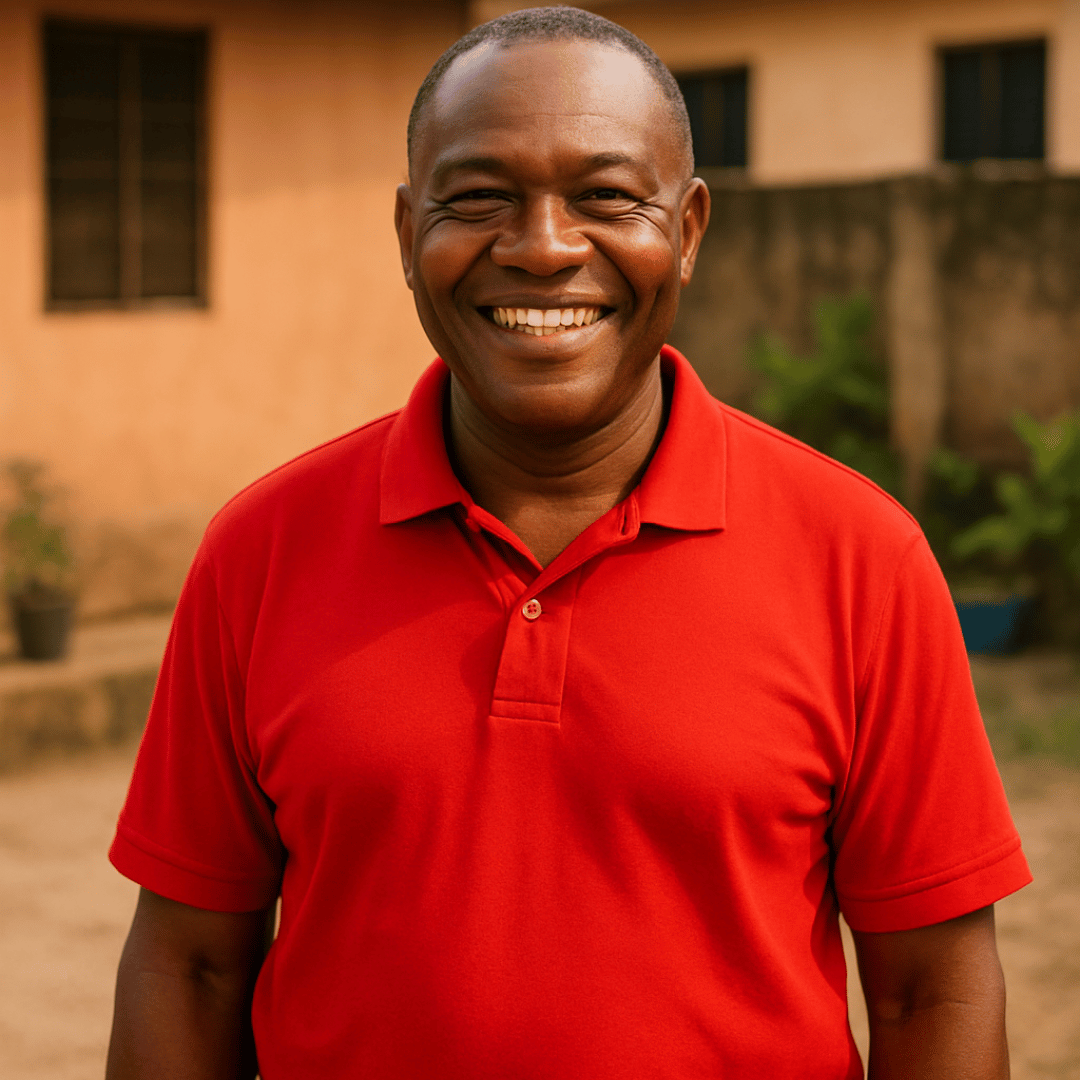 Mr. Adewale holding a product bottle